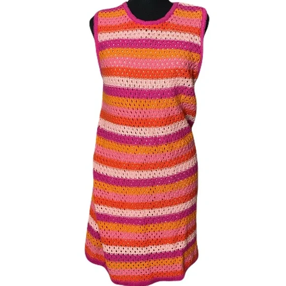 Free Assembly Striped Pink & Orange Sleeveless Crochet Mini Dress Women’s Medium - Picture 3 of 10